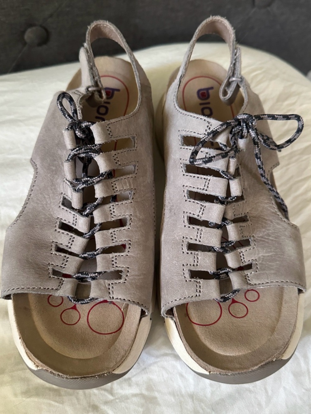 Bionica Ormond Women Sandal 7.5 M Grey Leather Lace Up Slingback Comfort Wedge